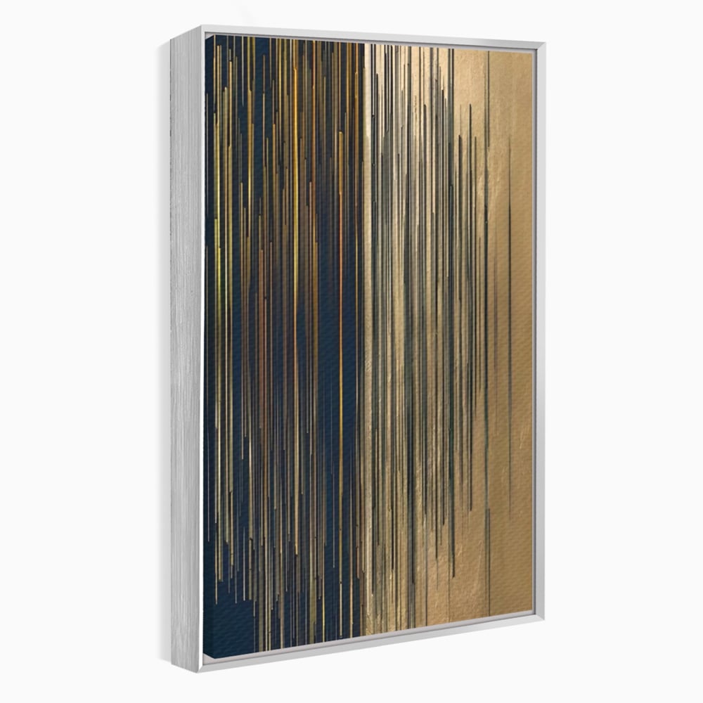 Tablou canvas cu tablou abstract cu linii verticale aurii, in rama de aluminiu argintiu